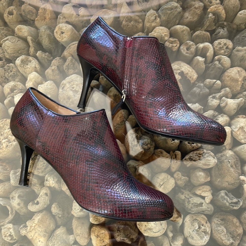 Longchamp python-embosed leather stiletto bootie in Bordeaux